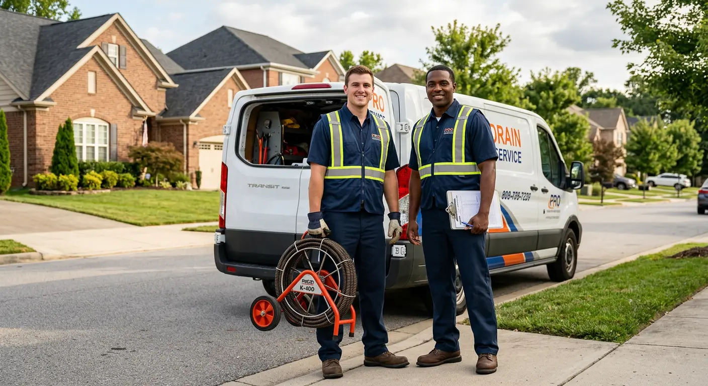 Sewer and drain service team with equipment ready for work in East Milton