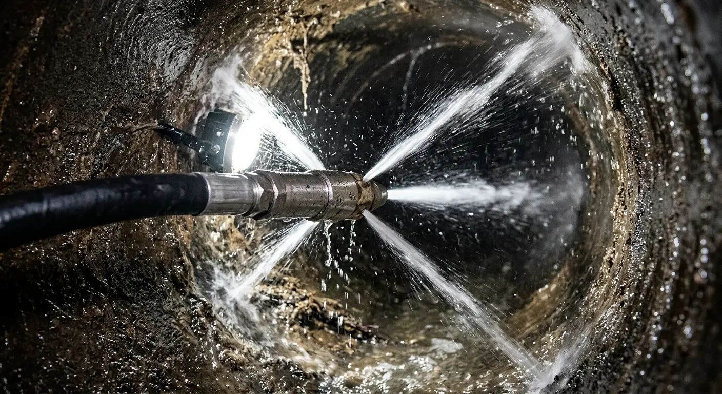 High-pressure hydro jetting nozzle cleaning sewer pipe for Trenchless Sewer Repair in East Milton