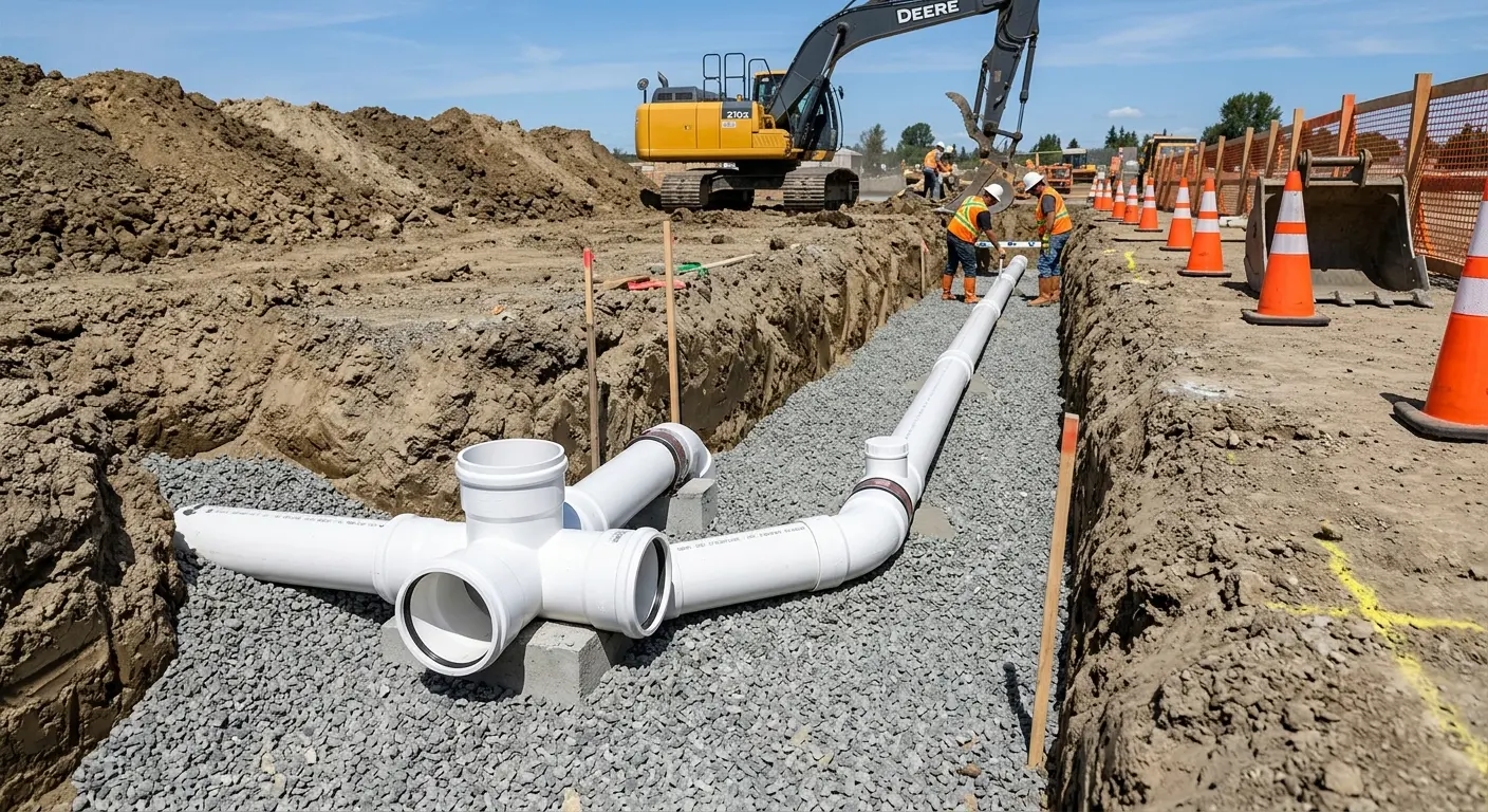 New PVC sewer pipe installation in open trench for Sewer Backup in East Milton