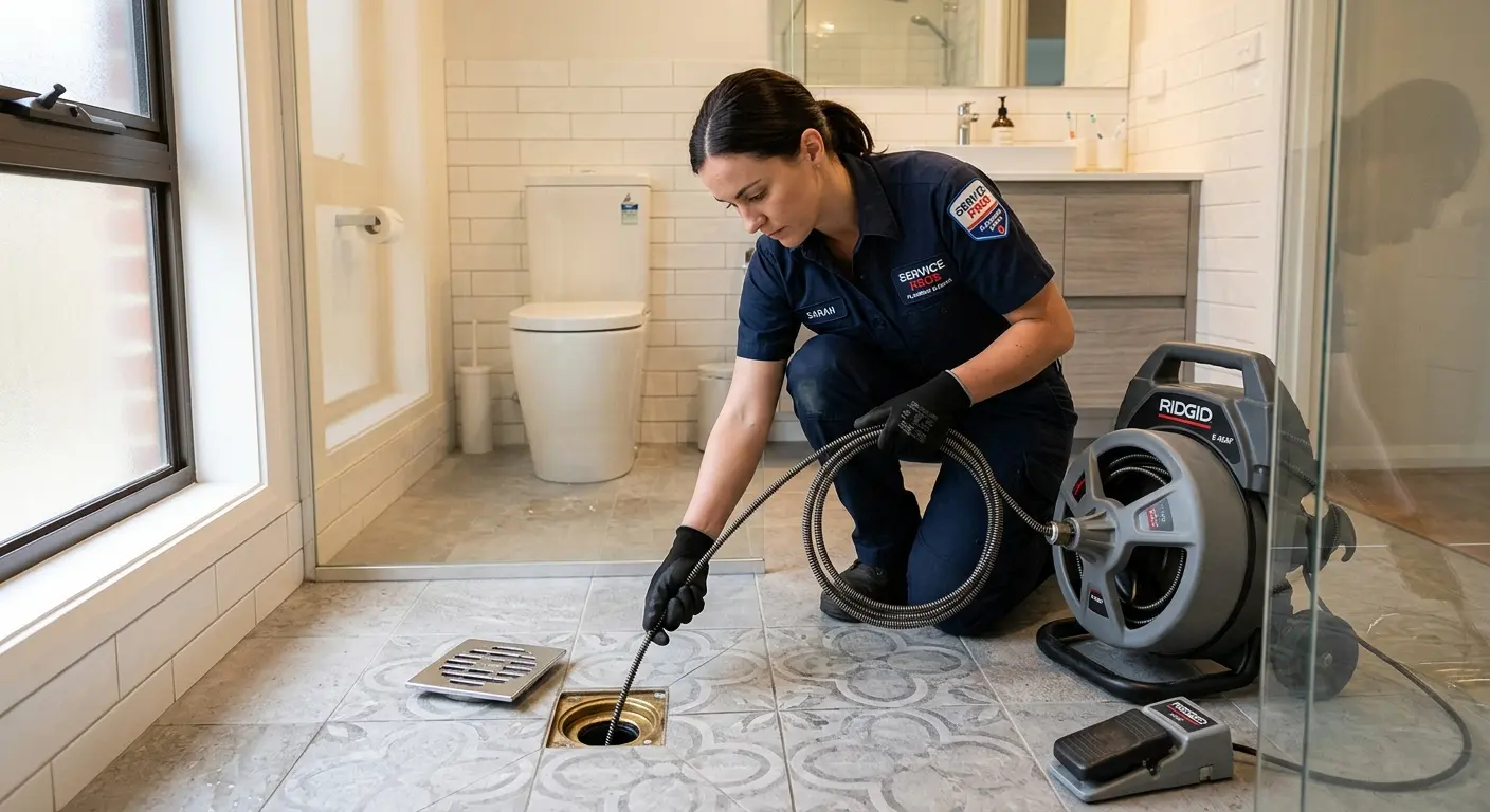 Technician clearing a bathroom floor drain for Hydro Jetting in East Milton